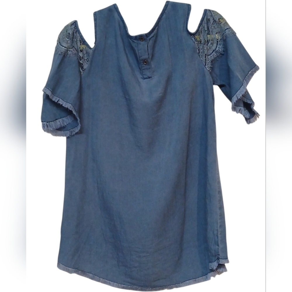 KUT- NWOT Blue Cold Shoulder Blouse W/Fringe Along Hem & Sleeve, Matching Lace. - Picture 4 of 10
